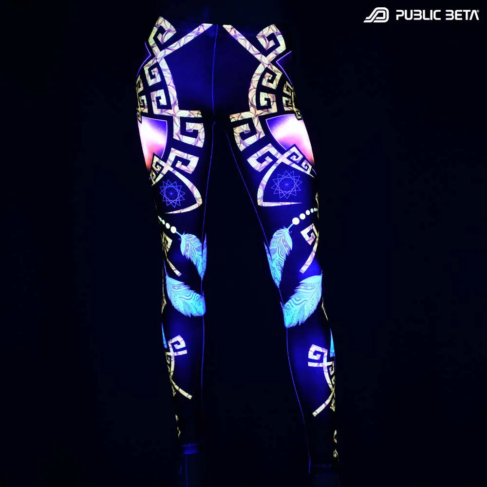 Leggings with organic UV-reactive print glowing under blacklight