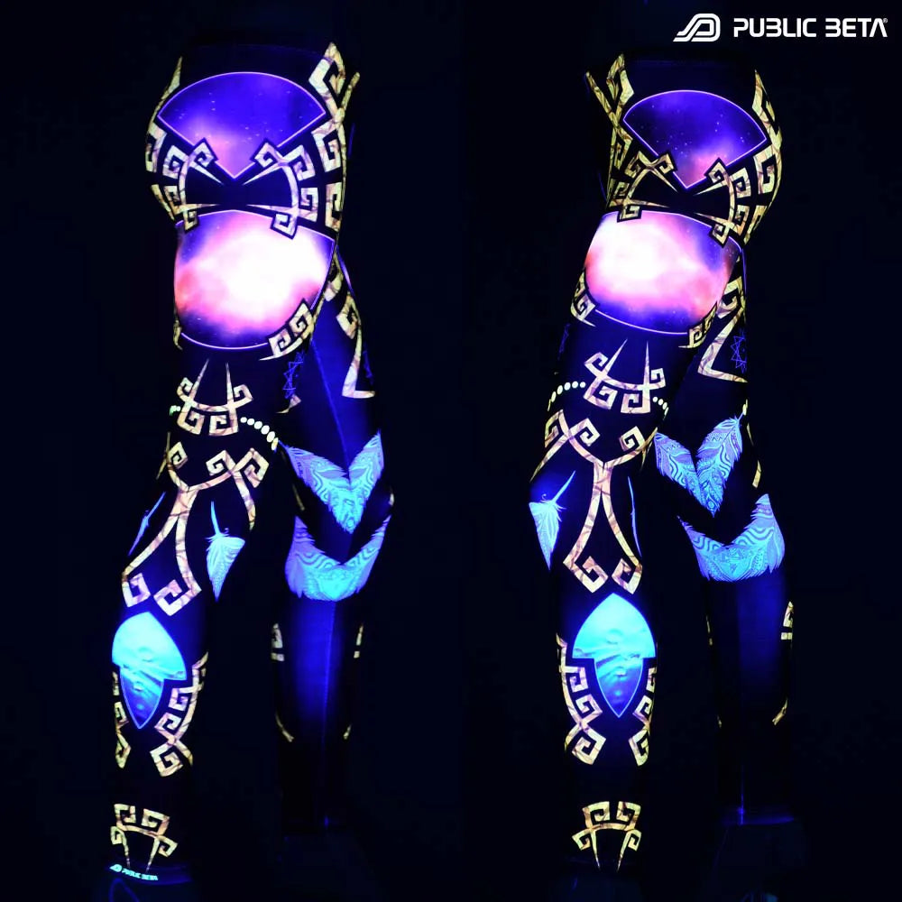 Leggings with organic UV-reactive print glowing under blacklight
