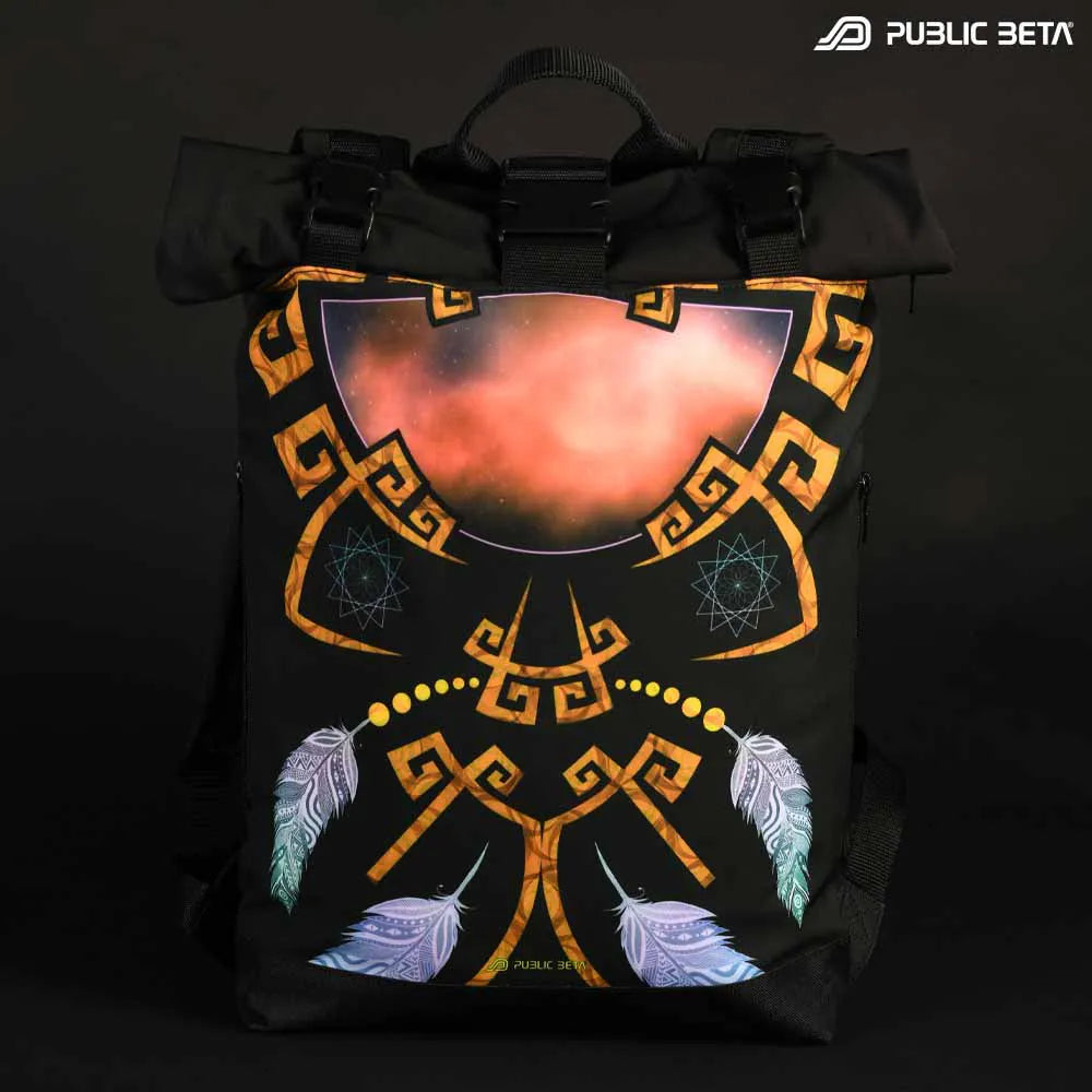 Backpack with UV-reactive psychedelic art print, photographed in natural light