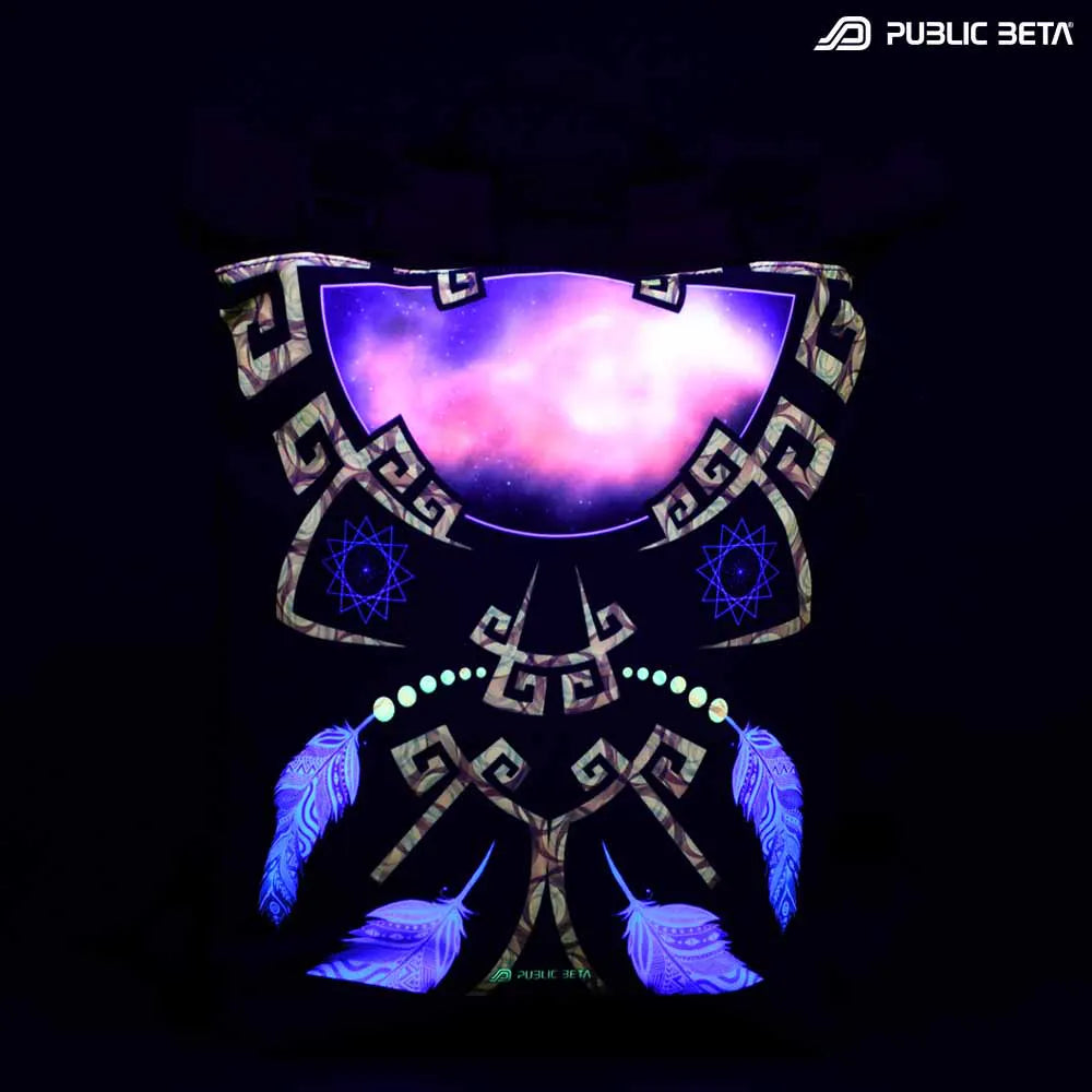 Backpack with UV-reactive psychedelic art print glowing under balcklight
