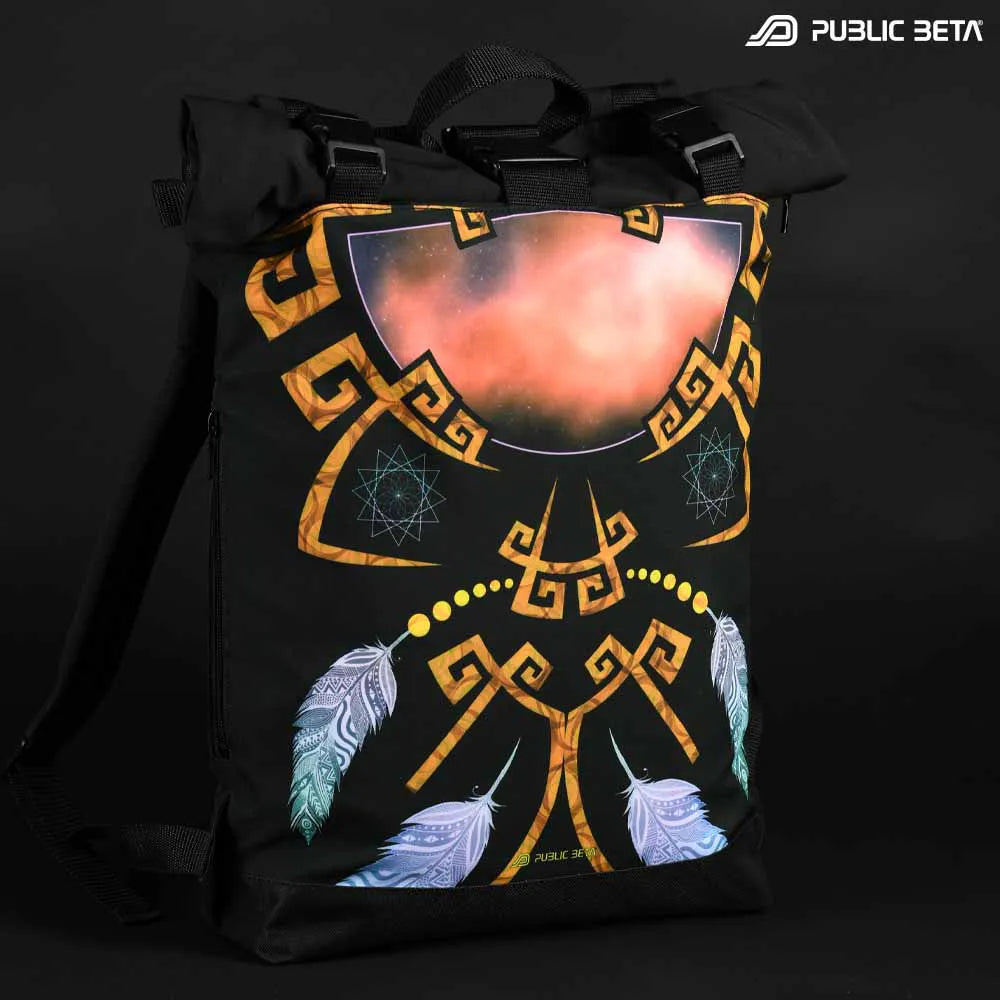 Backpack with UV-reactive psychedelic art print, photographed in natural light