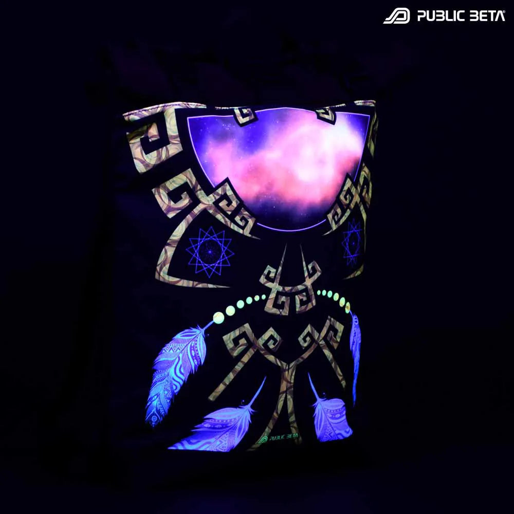 Backpack with UV-reactive psychedelic art print glowing under balcklight