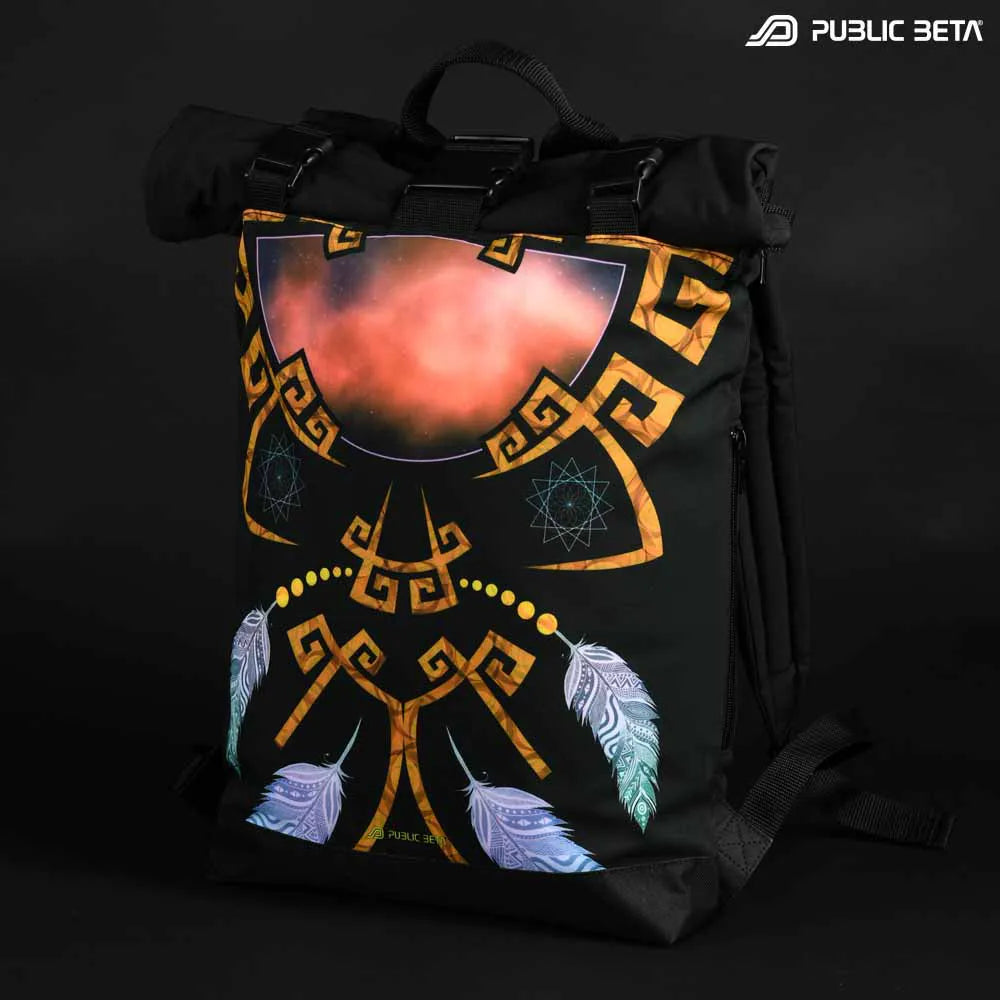 Backpack with UV-reactive psychedelic art print, photographed in natural light