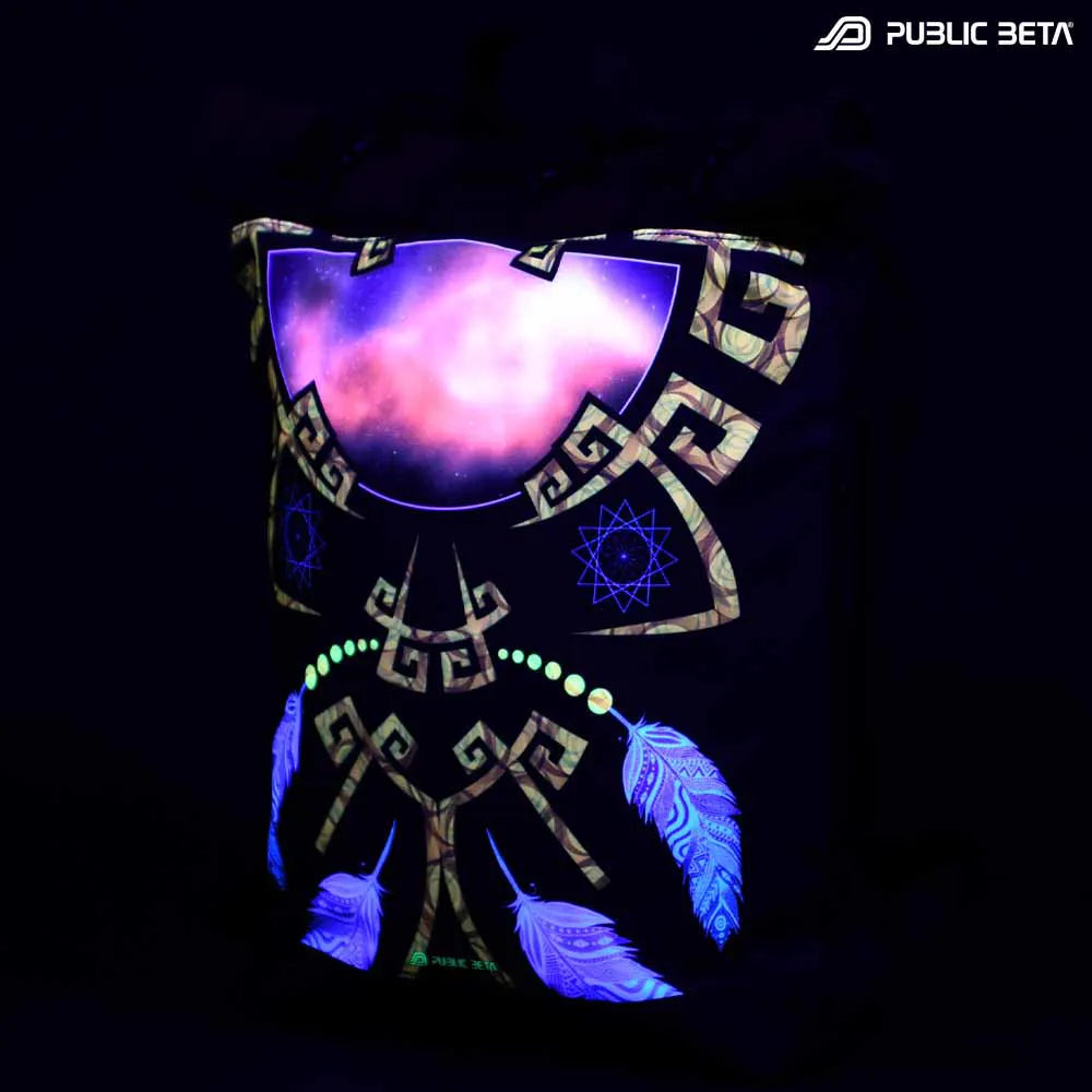 Backpack with UV-reactive psychedelic art print glowing under balcklight