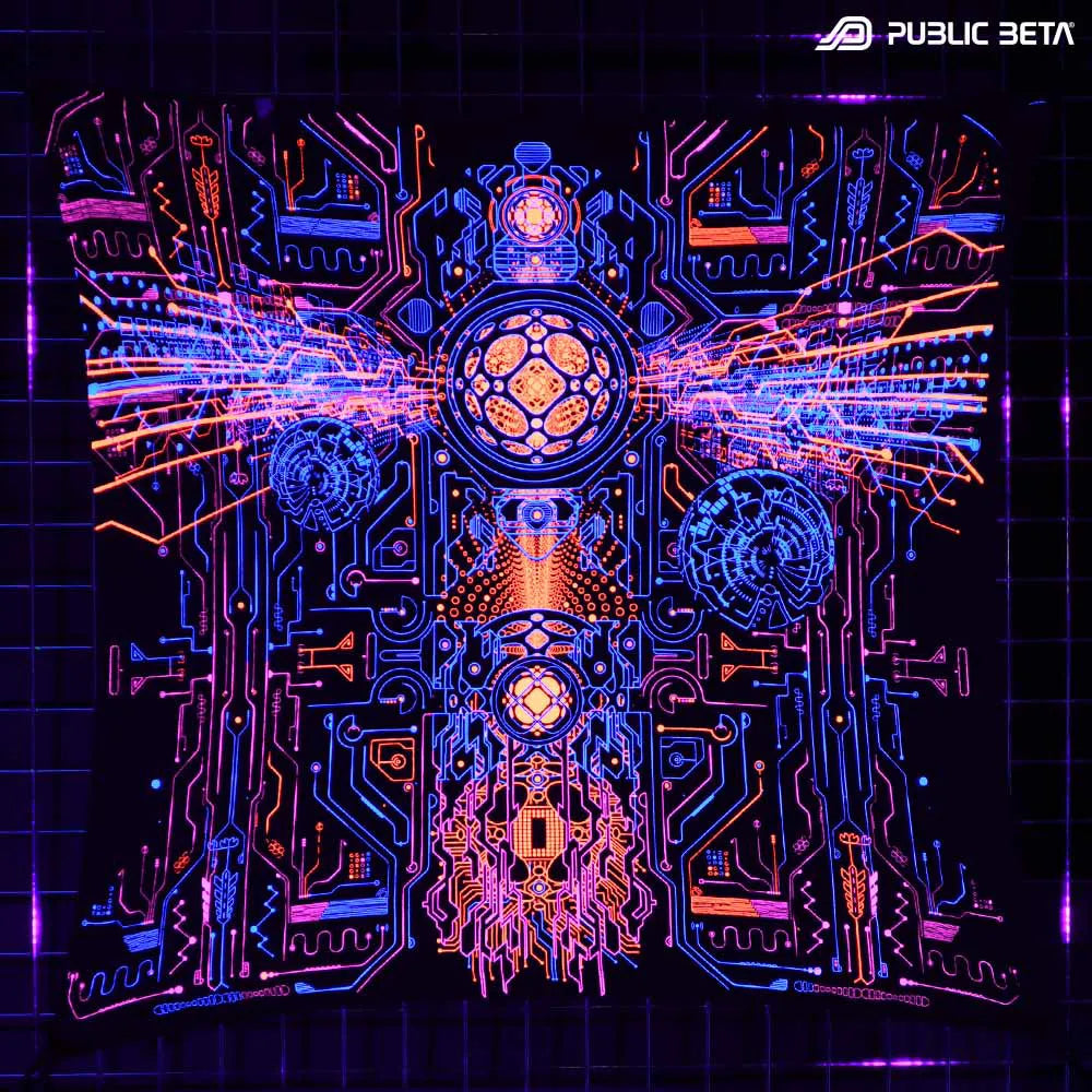 Wallhanging with UV-reactive visionary print glowing under blacklight