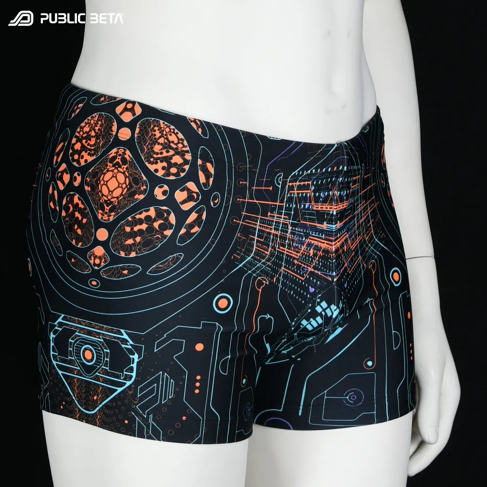 Swim shorts with UV-reactive psychedelic art print, photographed in natural light