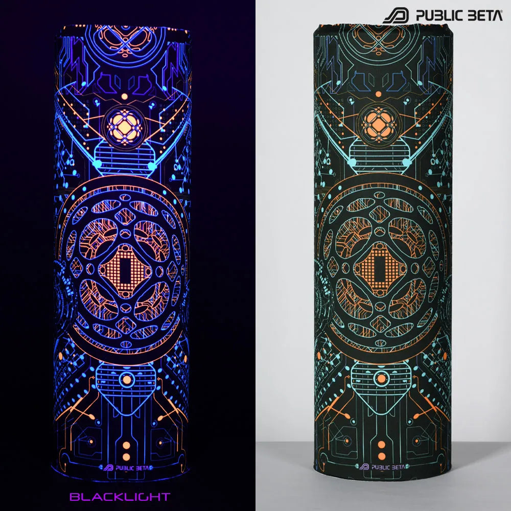 Split image of a tube scarf with uv-reactive graphics shown in natural light and glowing under blacklight
