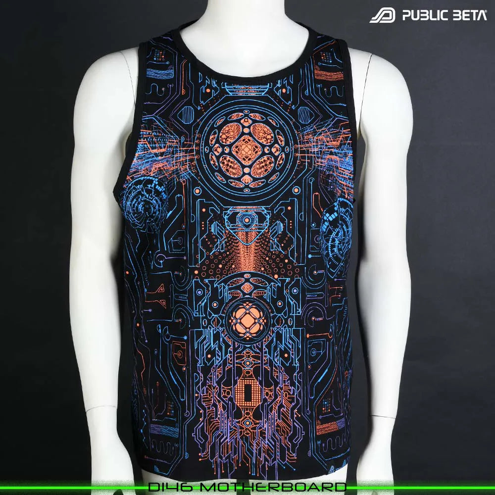 Sleeveless Shirt with UV-reactive psychedelic art print, photographed in natural light