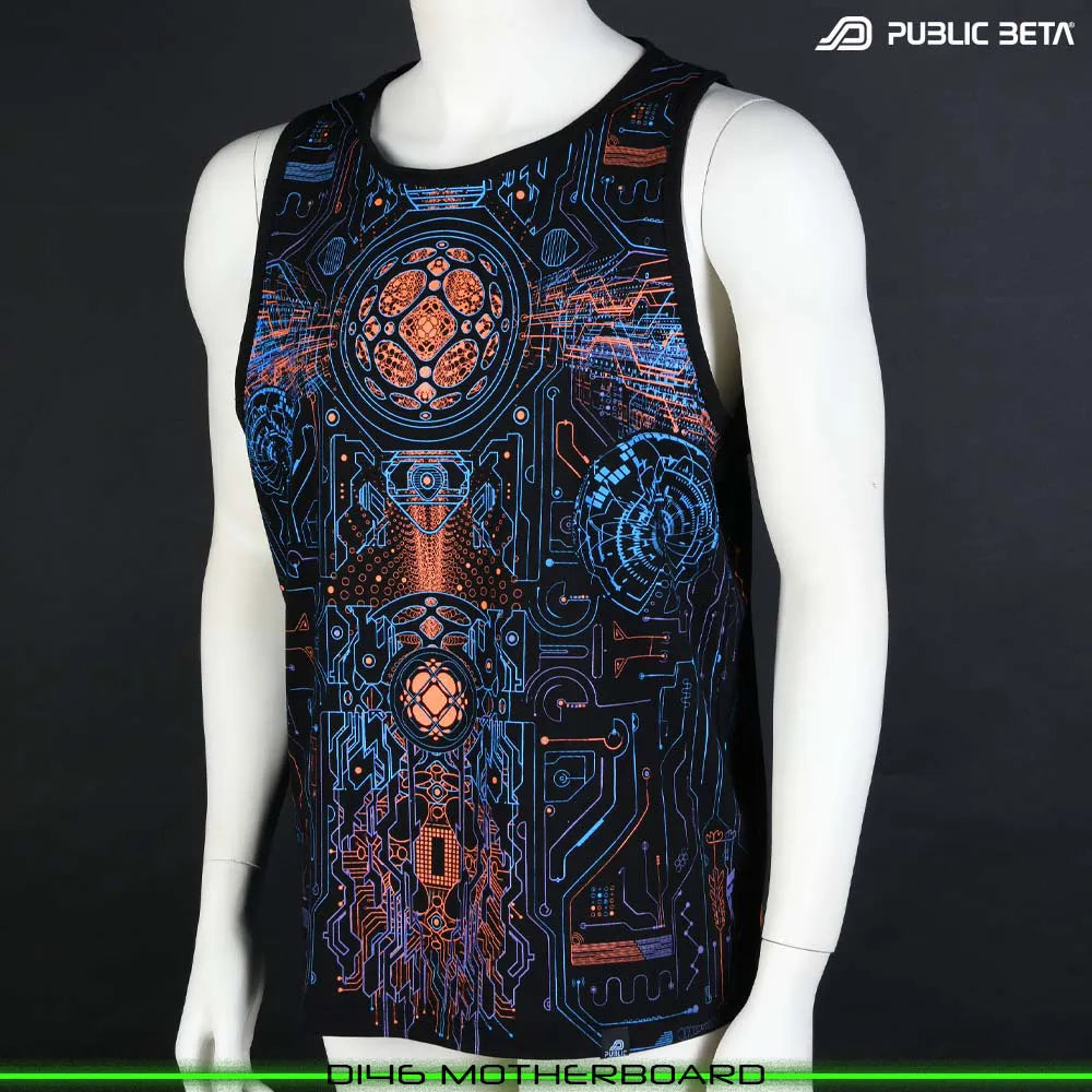 Sleeveless Shirt with UV-reactive psychedelic art print, photographed in natural light