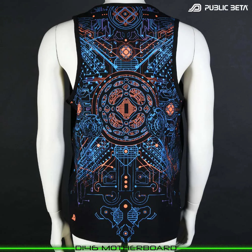 Sleeveless Shirt with UV-reactive psychedelic art print, photographed in natural light