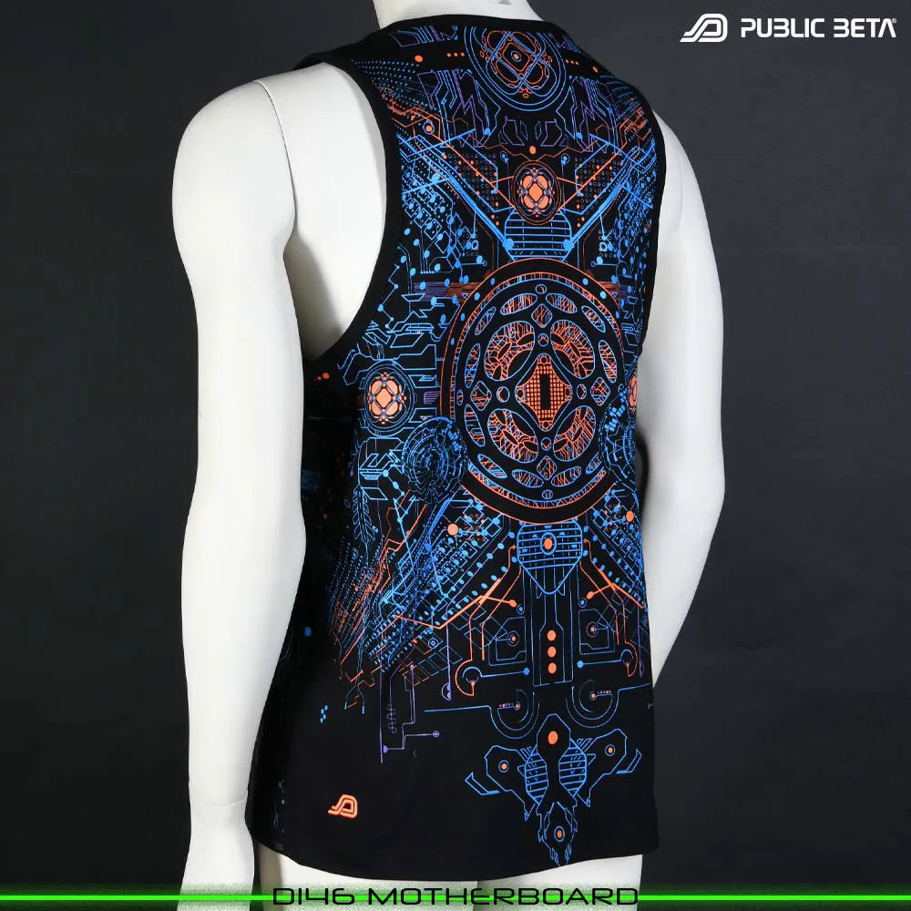 Sleeveless Shirt with UV-reactive psychedelic art print, photographed in natural light