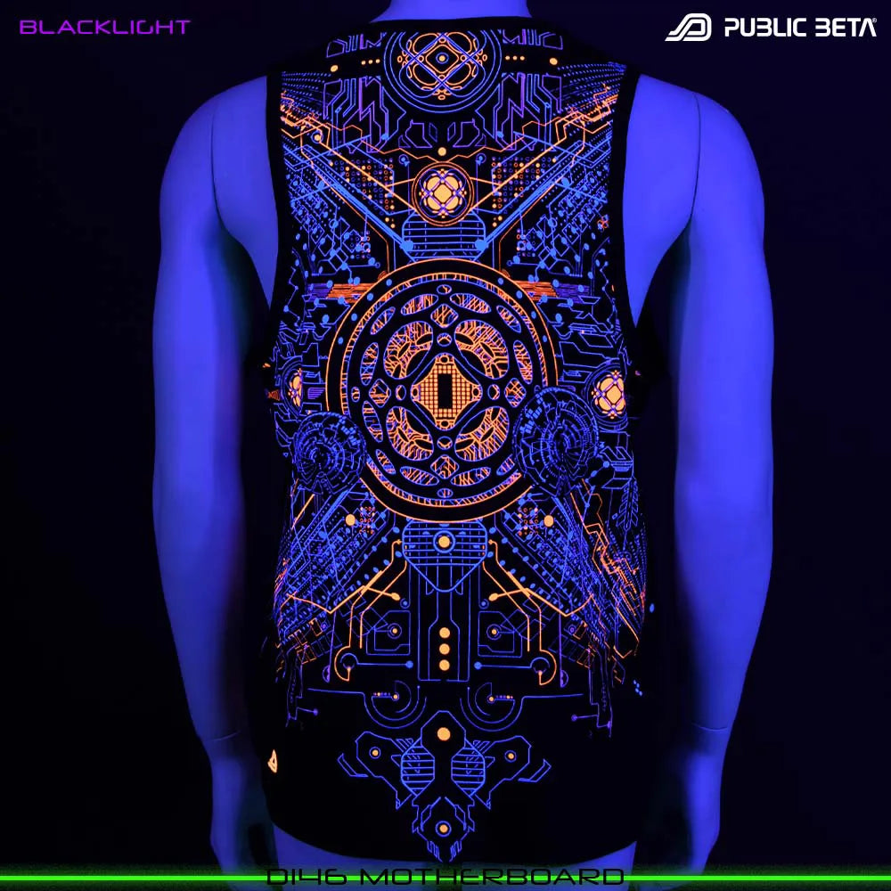 Sleeveless Shirt with UV-reactive futuristic print glowing under blacklight