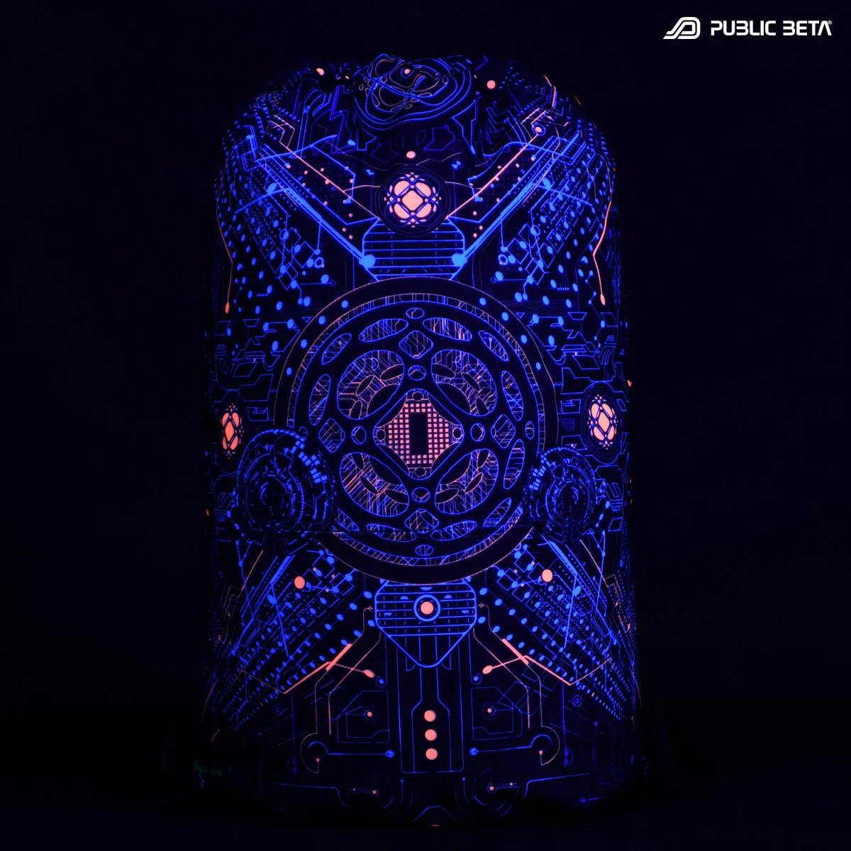 Drawstring bag with uv reactive psychedelic art print glowing under blacklight