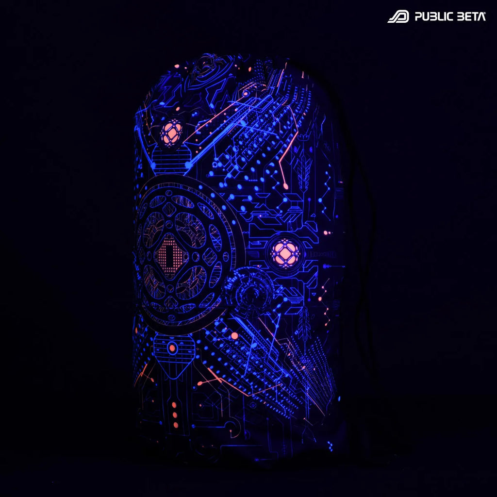 Drawstring bag with uv reactive psychedelic art print glowing under blacklight