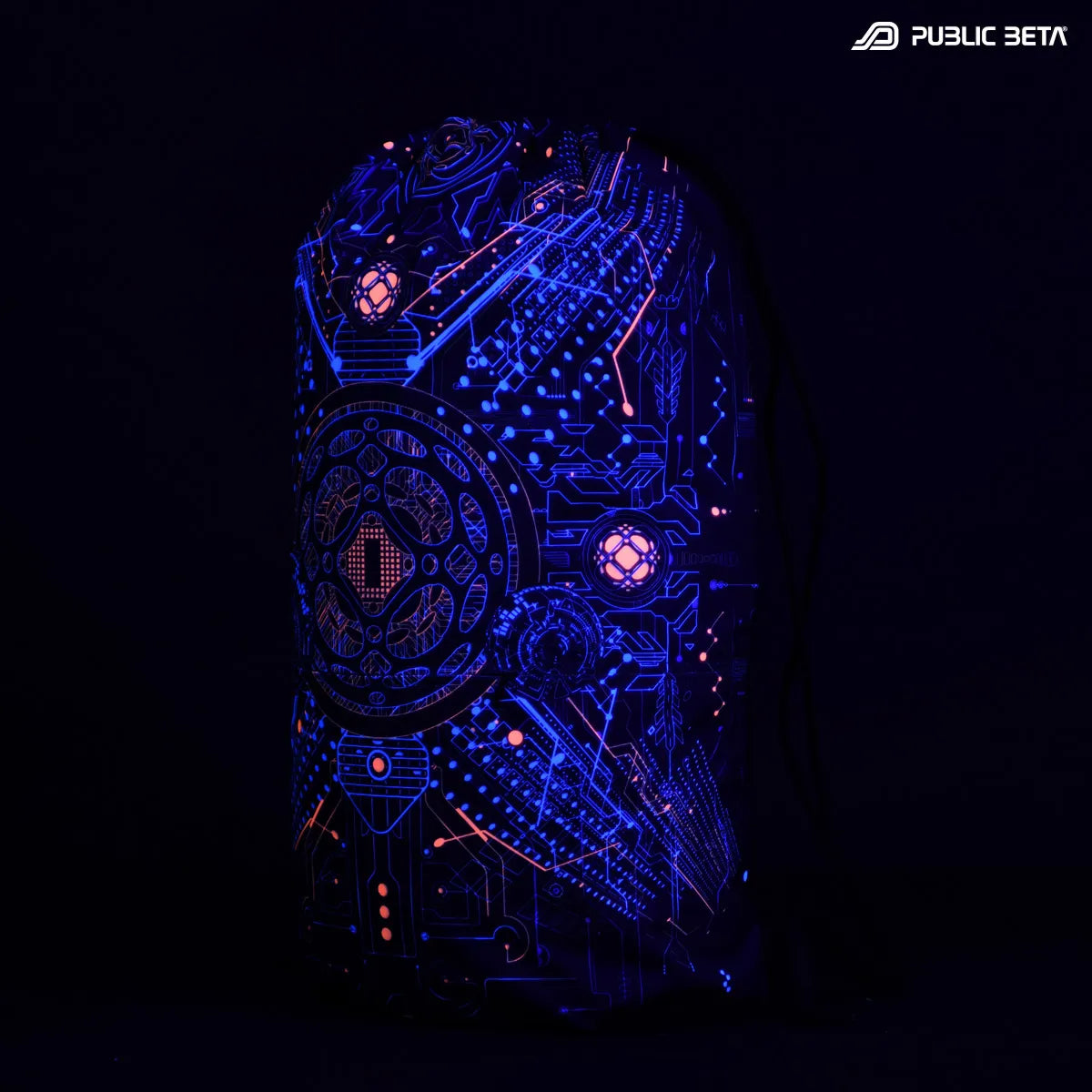 Drawstring bag with uv reactive psychedelic art print glowing under blacklight