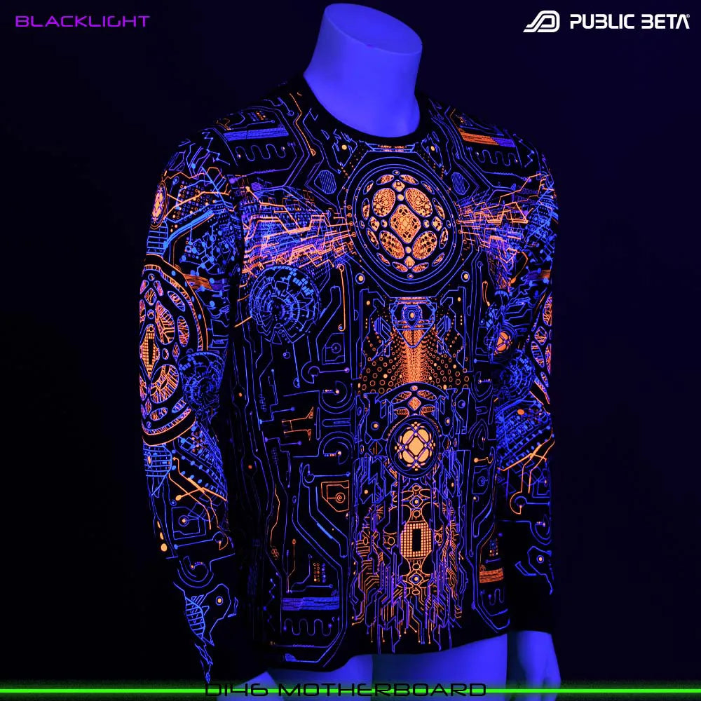 Longsleeve shirt with UV-reactive futuristic print glowing under blacklight