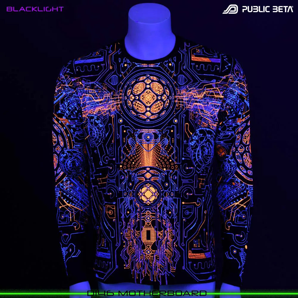 Longsleeve shirt with UV-reactive futuristic print glowing under blacklight