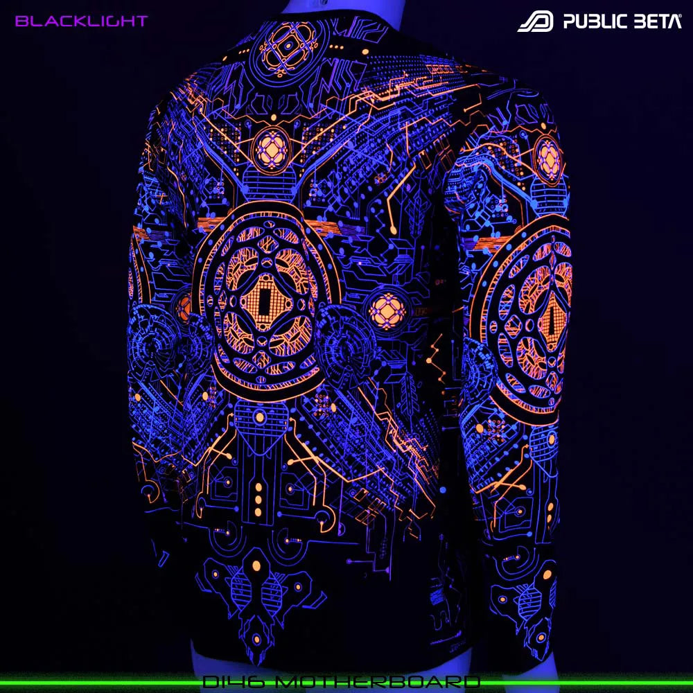 Longsleeve shirt with UV-reactive futuristic print glowing under blacklight