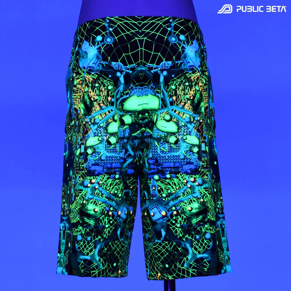 Boardshorts with UV-reactive psychedelic print glowing under blacklight