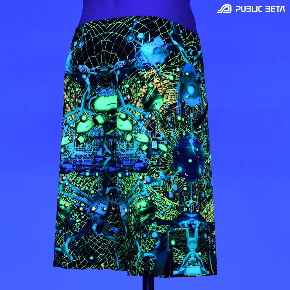 Boardshorts with UV-reactive psychedelic print glowing under blacklight
