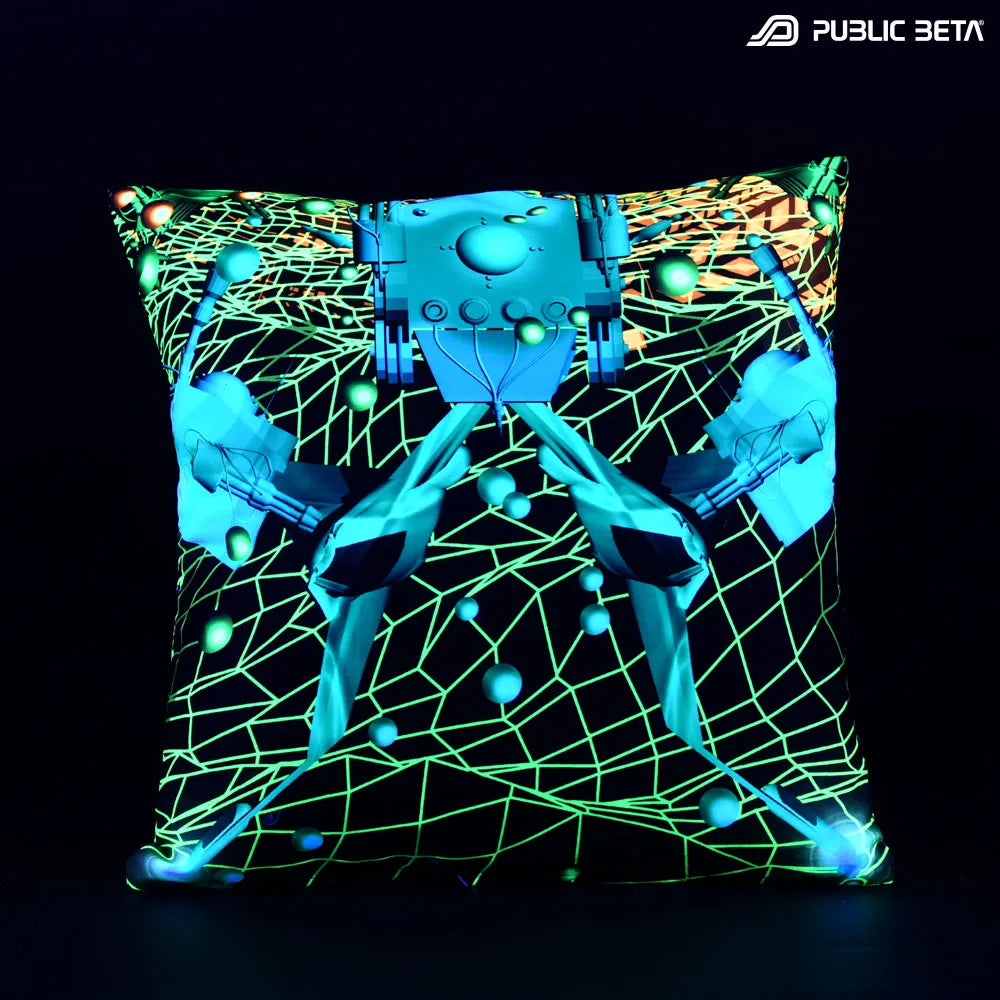 Cushion Cover with UV-reactive graphics glowing under blacklight