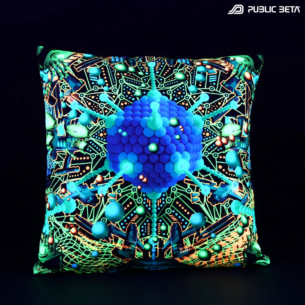 Cushion Cover with UV-reactive graphics glowing under blacklight