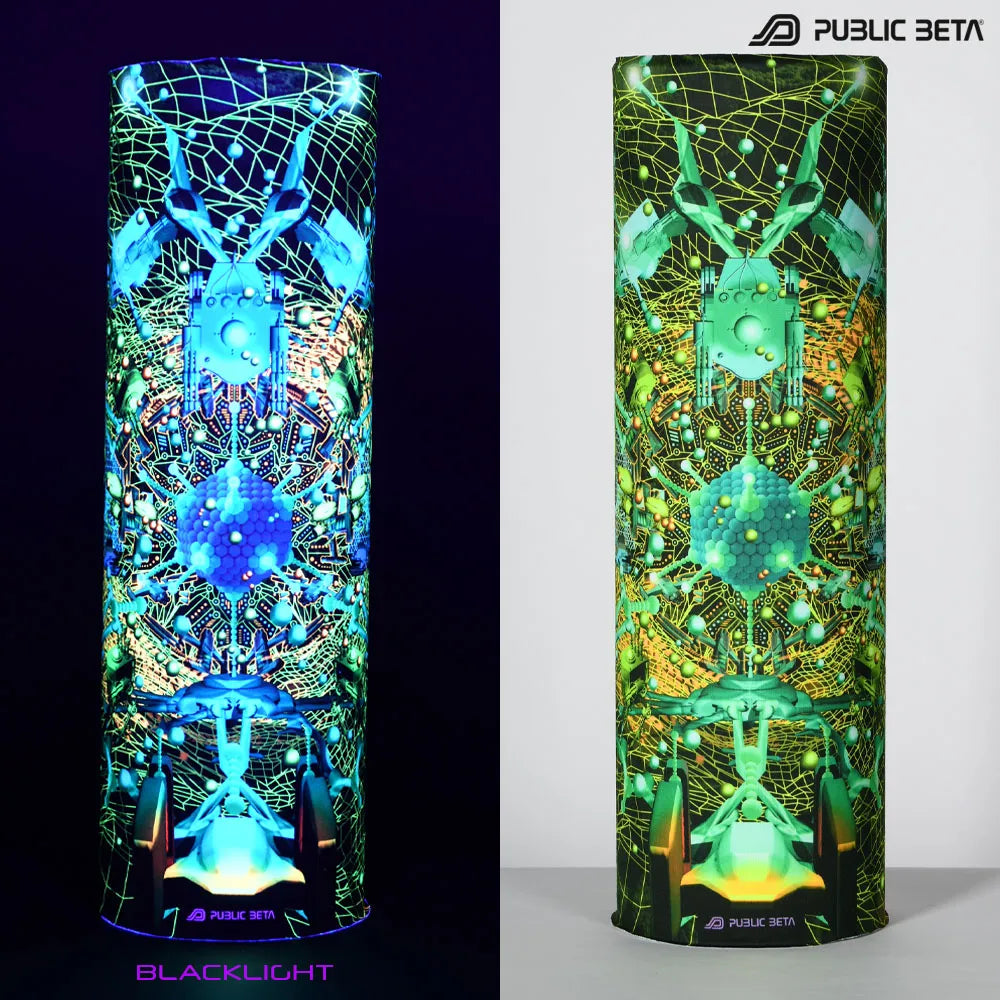 Split image of a tube scarf with uv-reactive graphics shown in natural light and glowing under blacklight