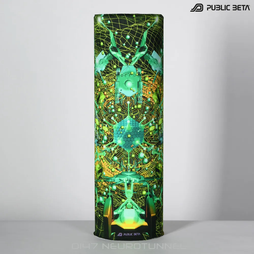 Tube scarf with UV-reactive futuristic graphics, photographed in natural light