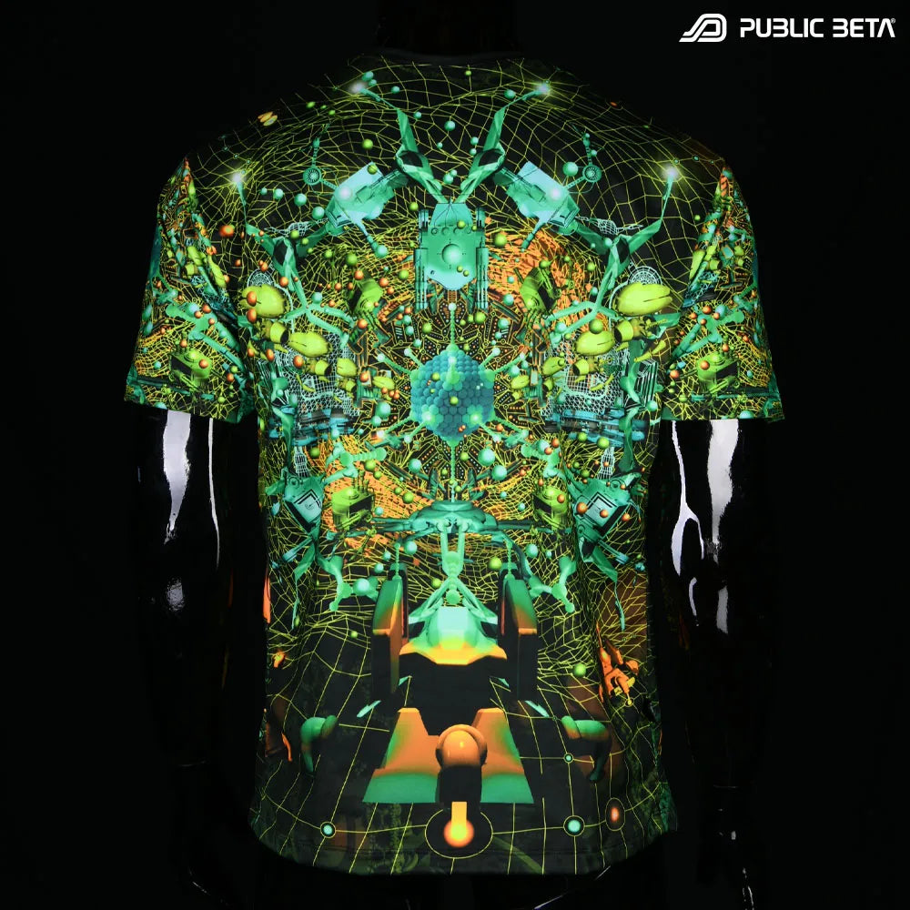 Glow in blacklight t-shirt with abstract design on a black background, in natural light featuring the brand 'Public Beta'.