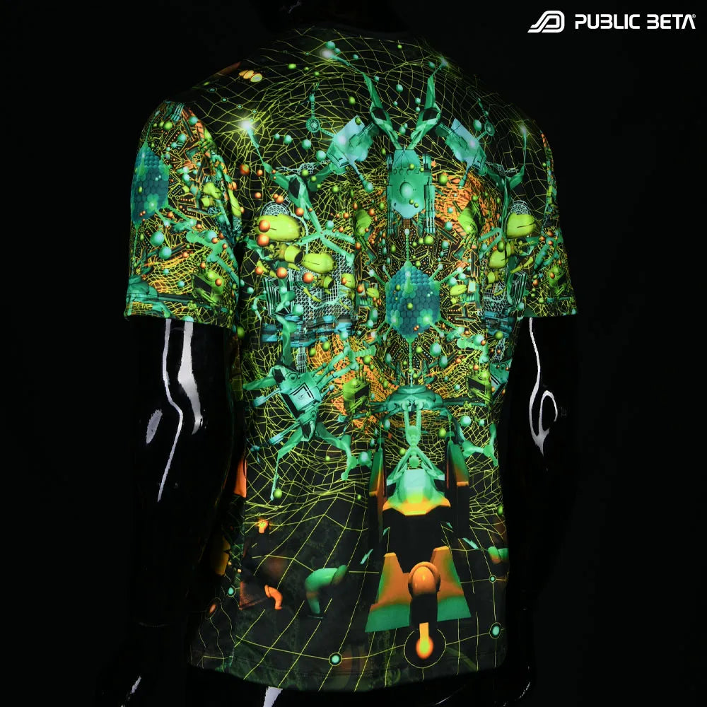 Glow in blacklight t-shirt with abstract design on a black background, in natural light featuring the brand 'Public Beta'.
