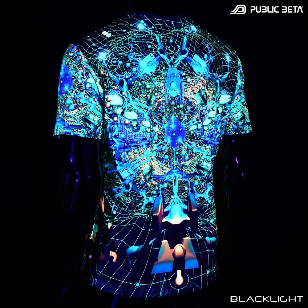 Glow in blacklight t-shirt with abstract design on a black background, featuring the brand 'Public Beta'.