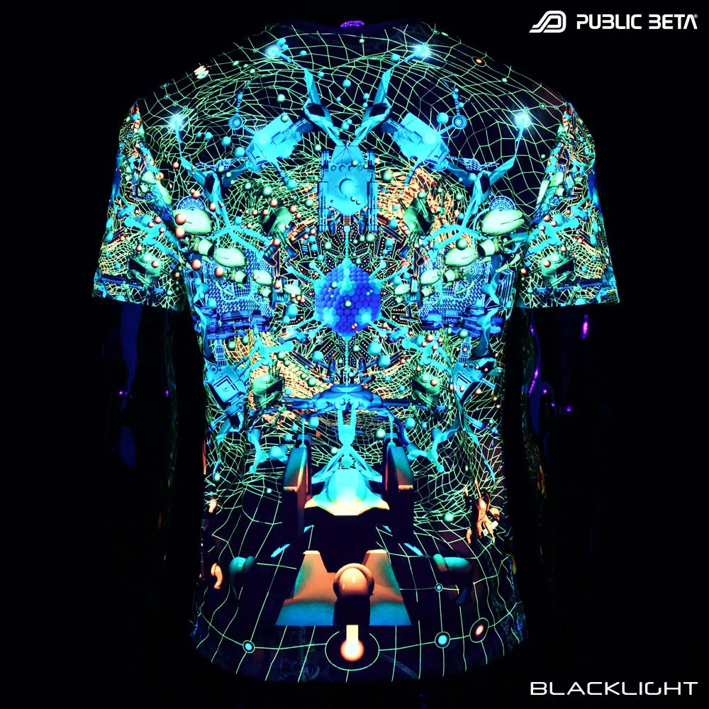 Glow in blacklight t-shirt with abstract design on a black background, featuring the brand 'Public Beta'.