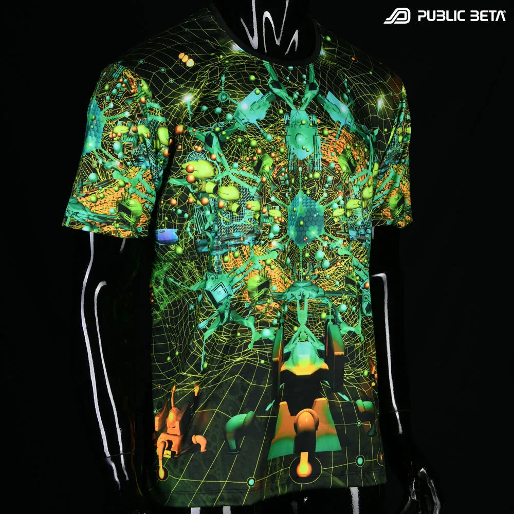 Glow in blacklight t-shirt with abstract design on a black background, in natural light featuring the brand 'Public Beta'.