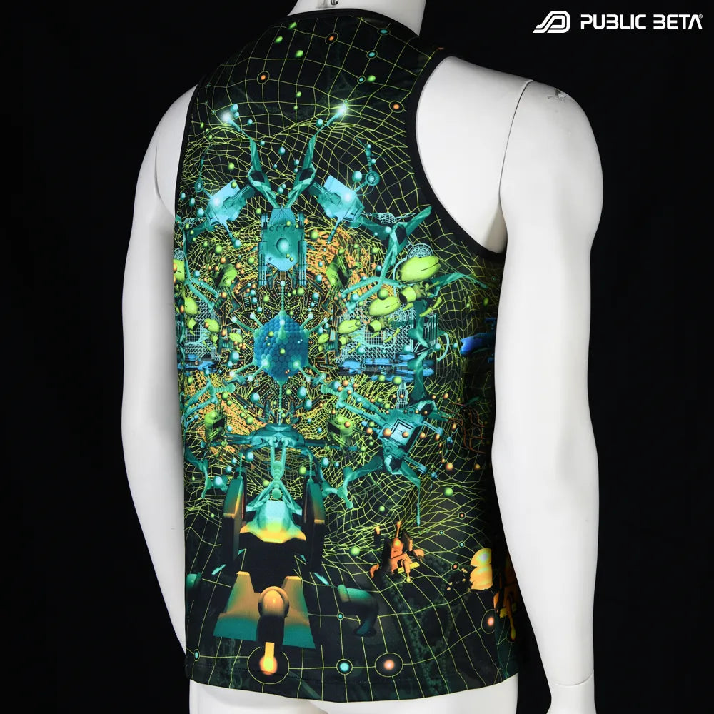 Sleeveless shirt with UV-reactive futuristic graphics, photographed in natural light