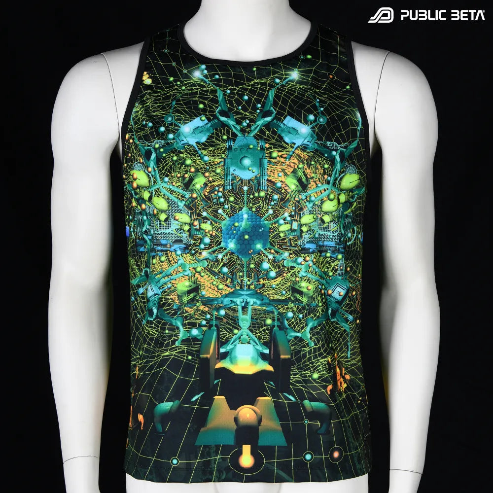 Sleeveless shirt with UV-reactive futuristic graphics, photographed in natural light