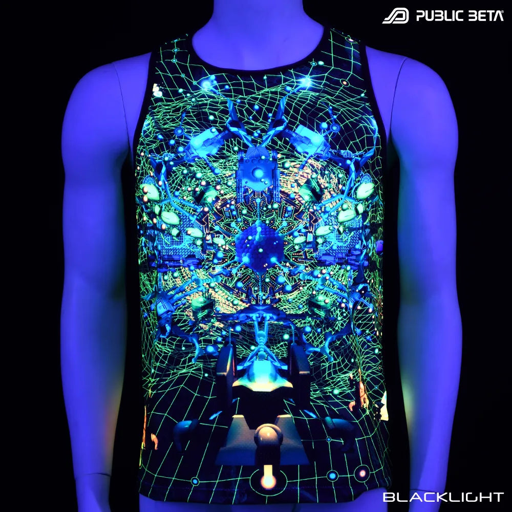 Sleeveless Shirt with UV-reactive futuristic print glowing under blacklight