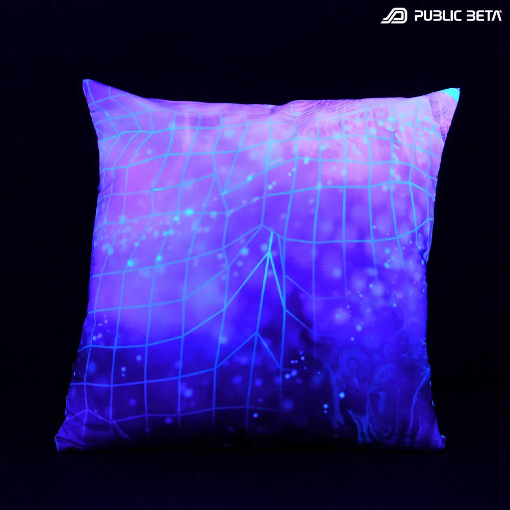 Cushion Cover with UV-reactive graphics glowing under blacklight