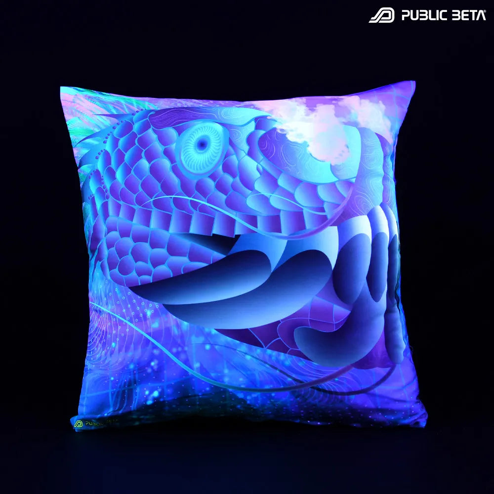 Cushion Cover with UV-reactive graphics glowing under blacklight
