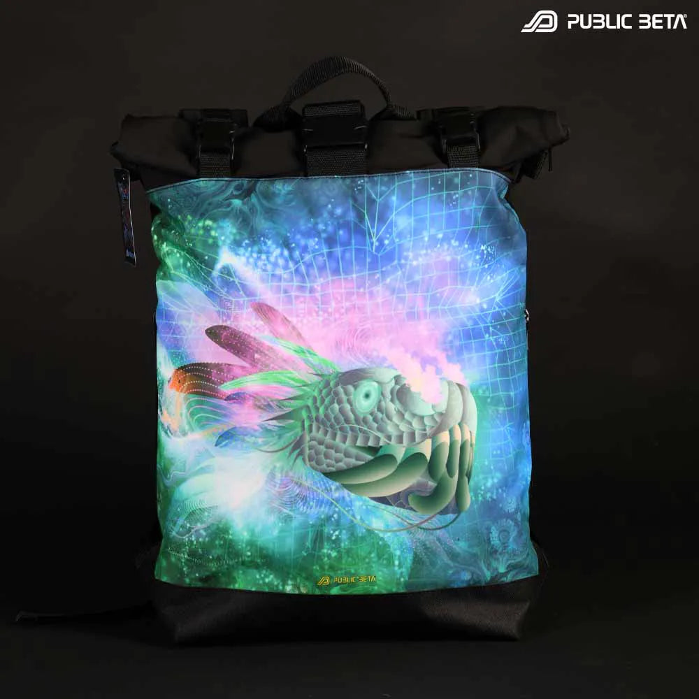 Backpack with UV-reactive psychedelic art print photographed in natural light