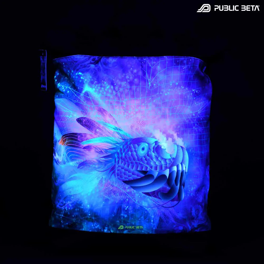 Backpack with UV-reactive psychedelic art print glowing under blacklight