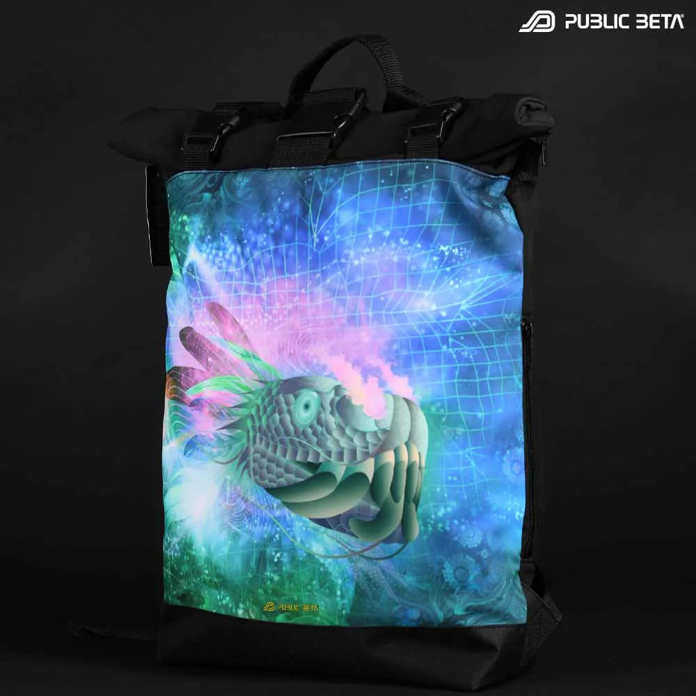 Backpack with UV-reactive psychedelic art print photographed in natural light