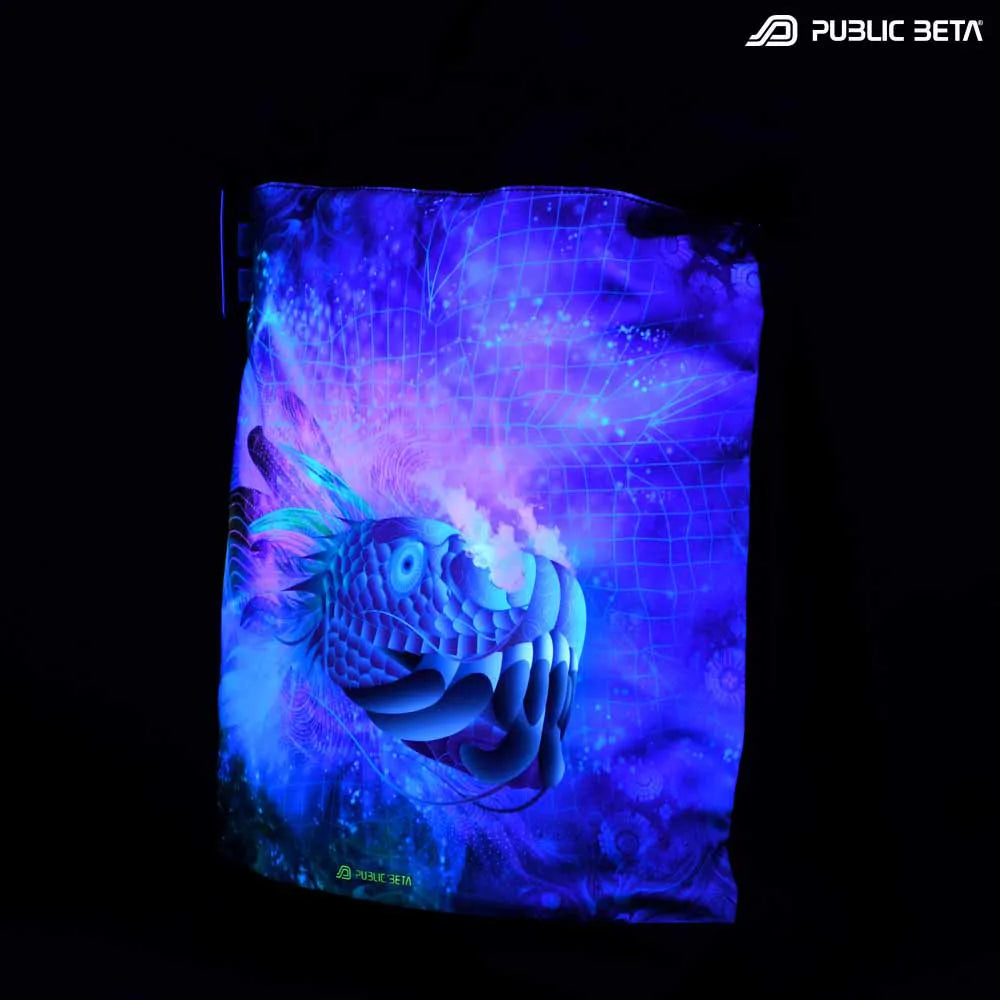 Backpack with UV-reactive psychedelic art print glowing under blacklight