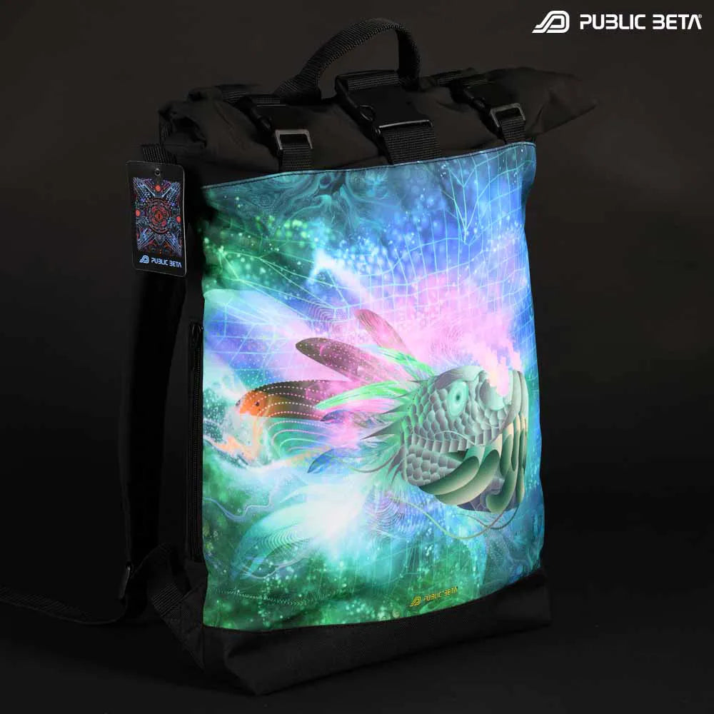 Backpack with UV-reactive psychedelic art print photographed in natural light