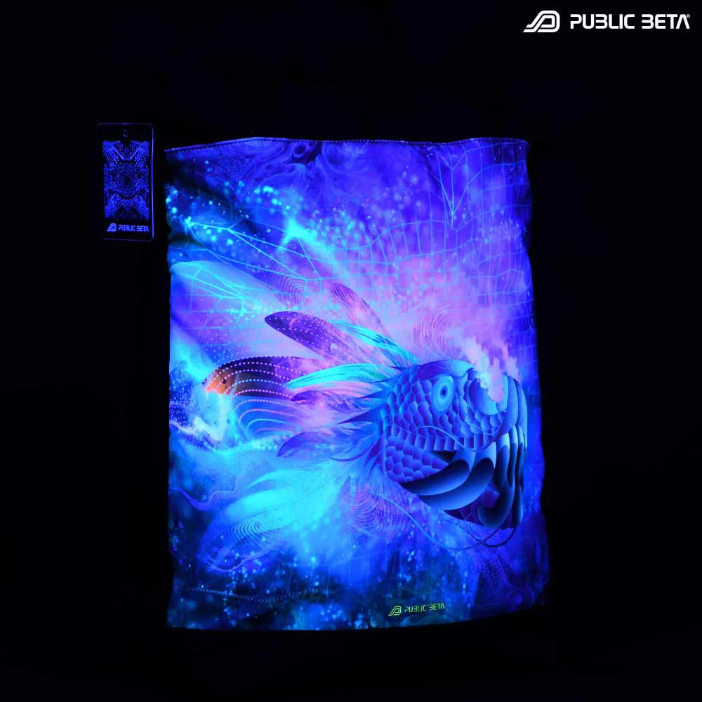 Backpack with UV-reactive psychedelic art print glowing under blacklight