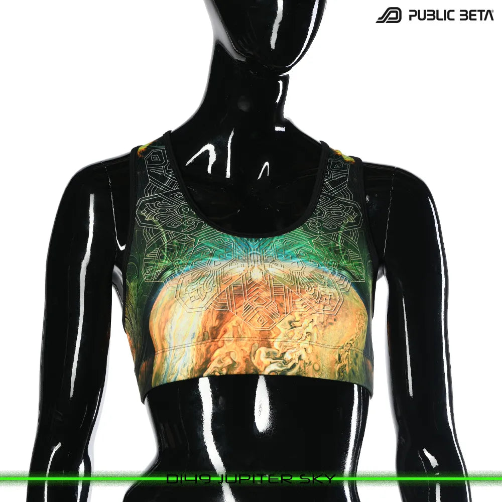 Active top with organic UV-reactive print, photographed in natural light
