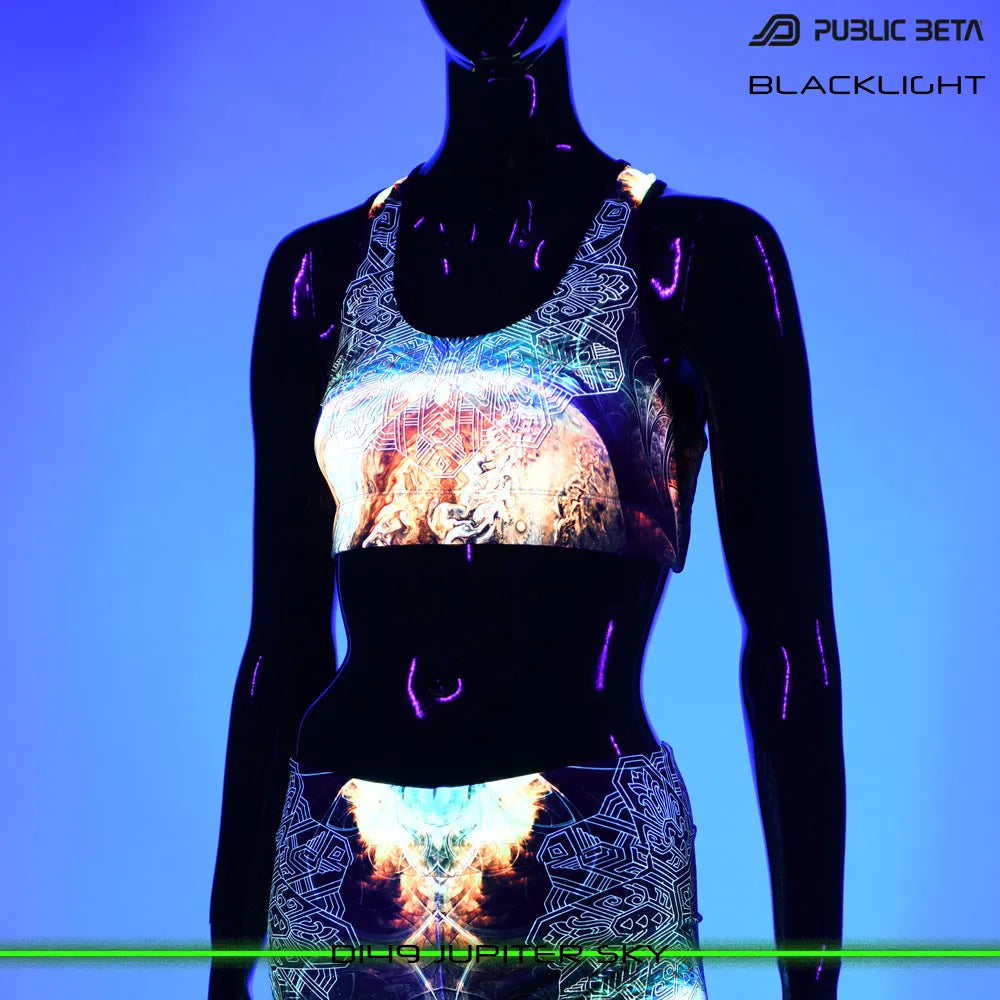 Active top with organic UV-reactive print glowing under blacklight