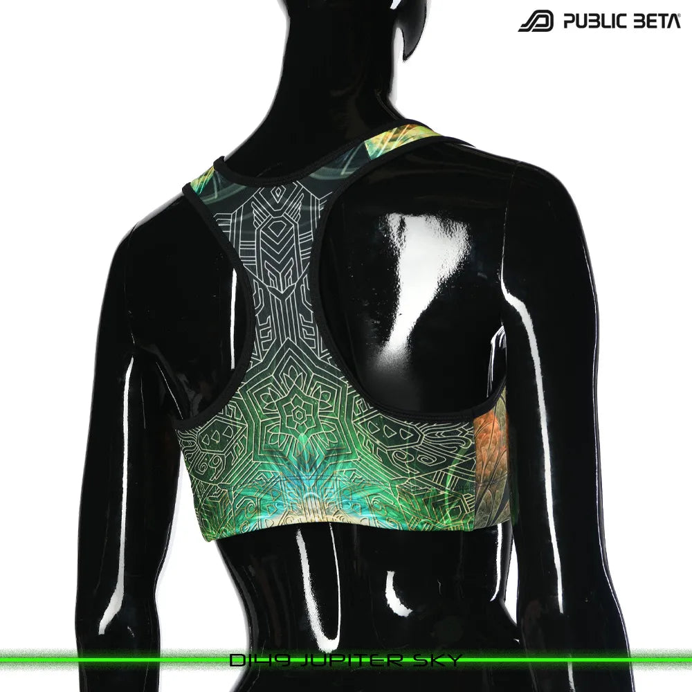 Active top with organic UV-reactive print, photographed in natural light