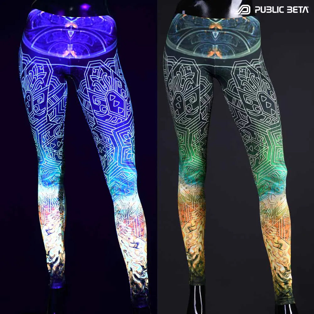 Split image of leggings with uv-reactive futuristic  print shown in natural light and glowing under blacklight