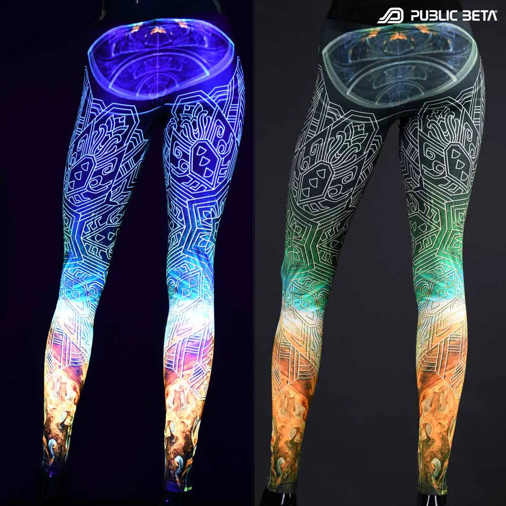Split image of leggings with uv-reactive futuristic  print shown in natural light and glowing under blacklight