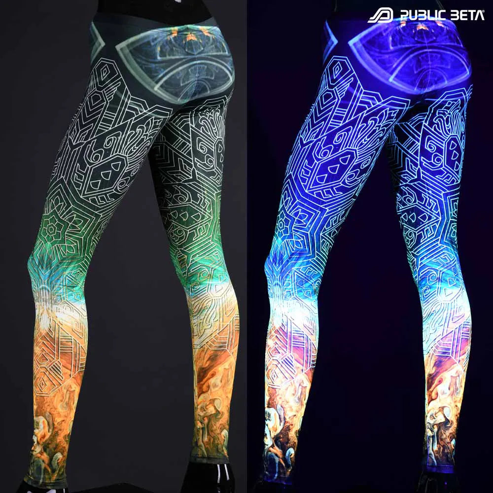 Split image of leggings with uv-reactive futuristic  print shown in natural light and glowing under blacklight
